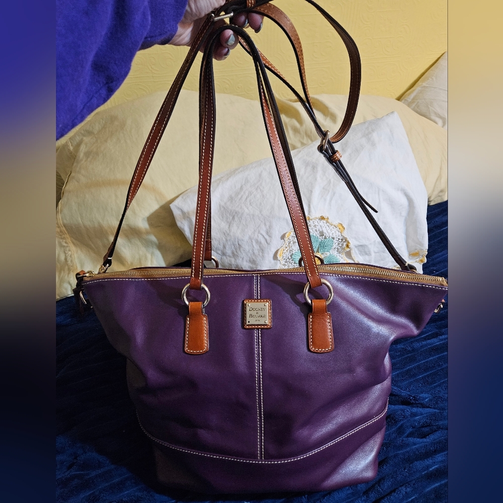 Dooney & Bourke Deep Plum Tote with Tan Accents